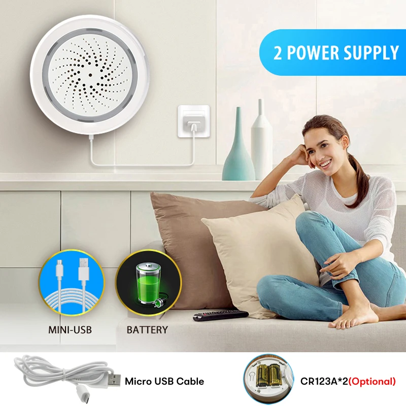 Alarma de sirena WiFi Tuya Smart Life, altavoz fuerte de 100dB, 18 tonos de llamada con alerta de luz estroboscópica para sistema de seguridad del hogar