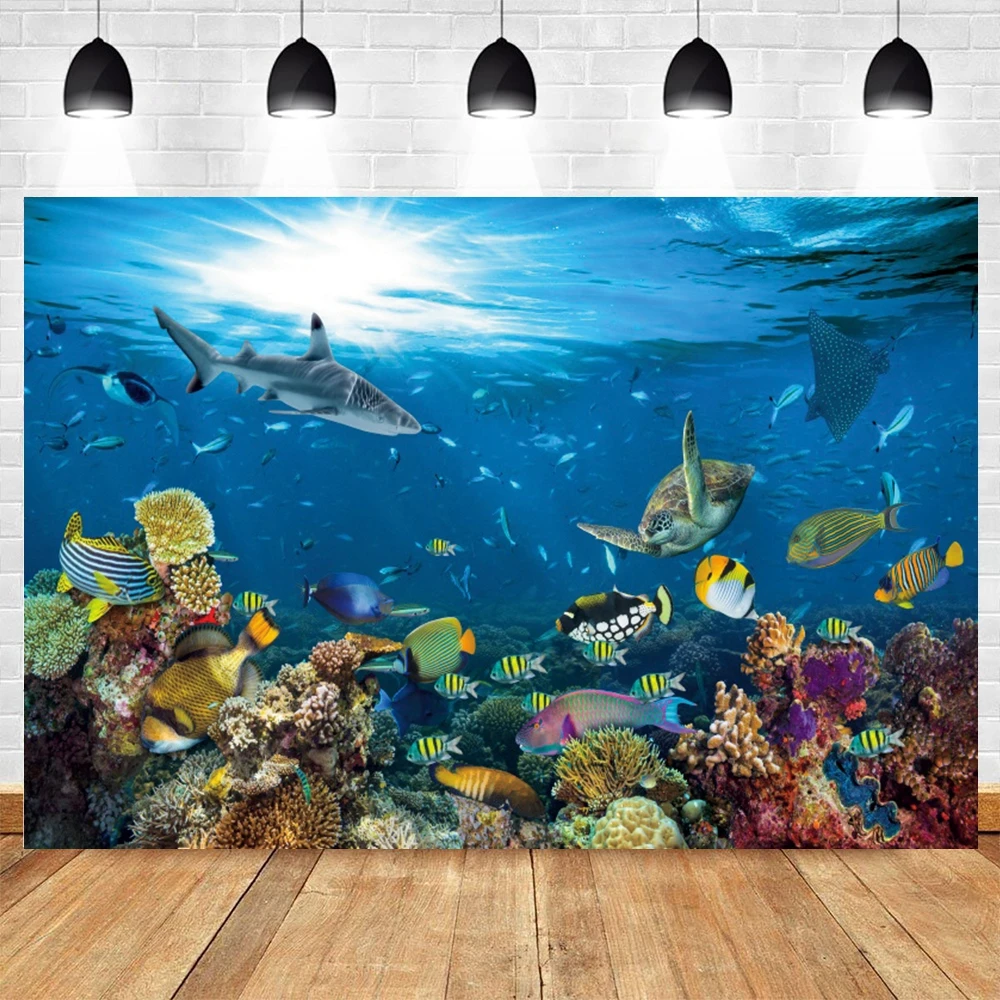 Underwater World Seabed Backdrop Ocean Undersea Shark Fish Coral Baby Birthday Party Decor Photography Background Photo Studio
