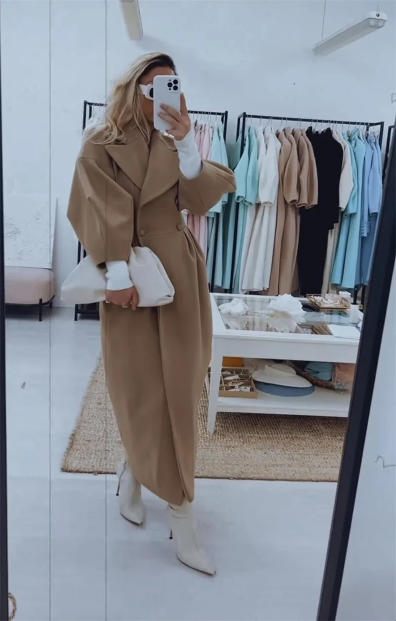 

Khaki Woolen Women Suit Overcoat Winter Thick Warm Custom Made 1 Pcs Long Jacket Formal Double Breasted Party Prom Dress Blazer