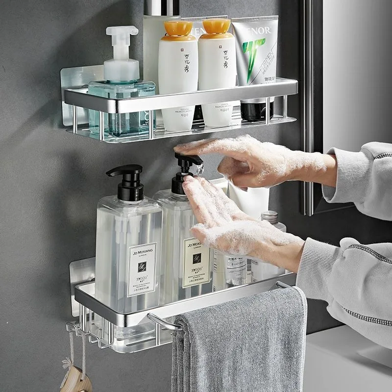 Aluminum Bathroom Shelves Wall Towel Rack Mounted Shower Caddy No Drilling Shower Organizer Bathroom Storage Accessories towel rack