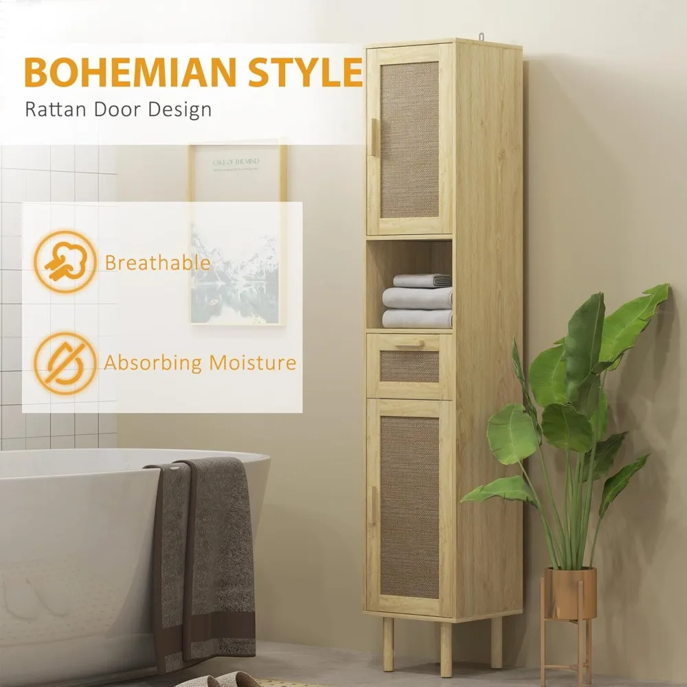 Tall Bathroom Storage Cabinet with Wicker Doors & Open Shelves 4