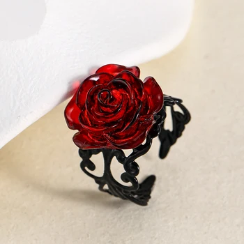 Punk Gothic Red Rose Ring Adjustable Hollow Rings for Women Witch Pagan Vintage Creative Halloween Cool Girl Gift Party Jewelry