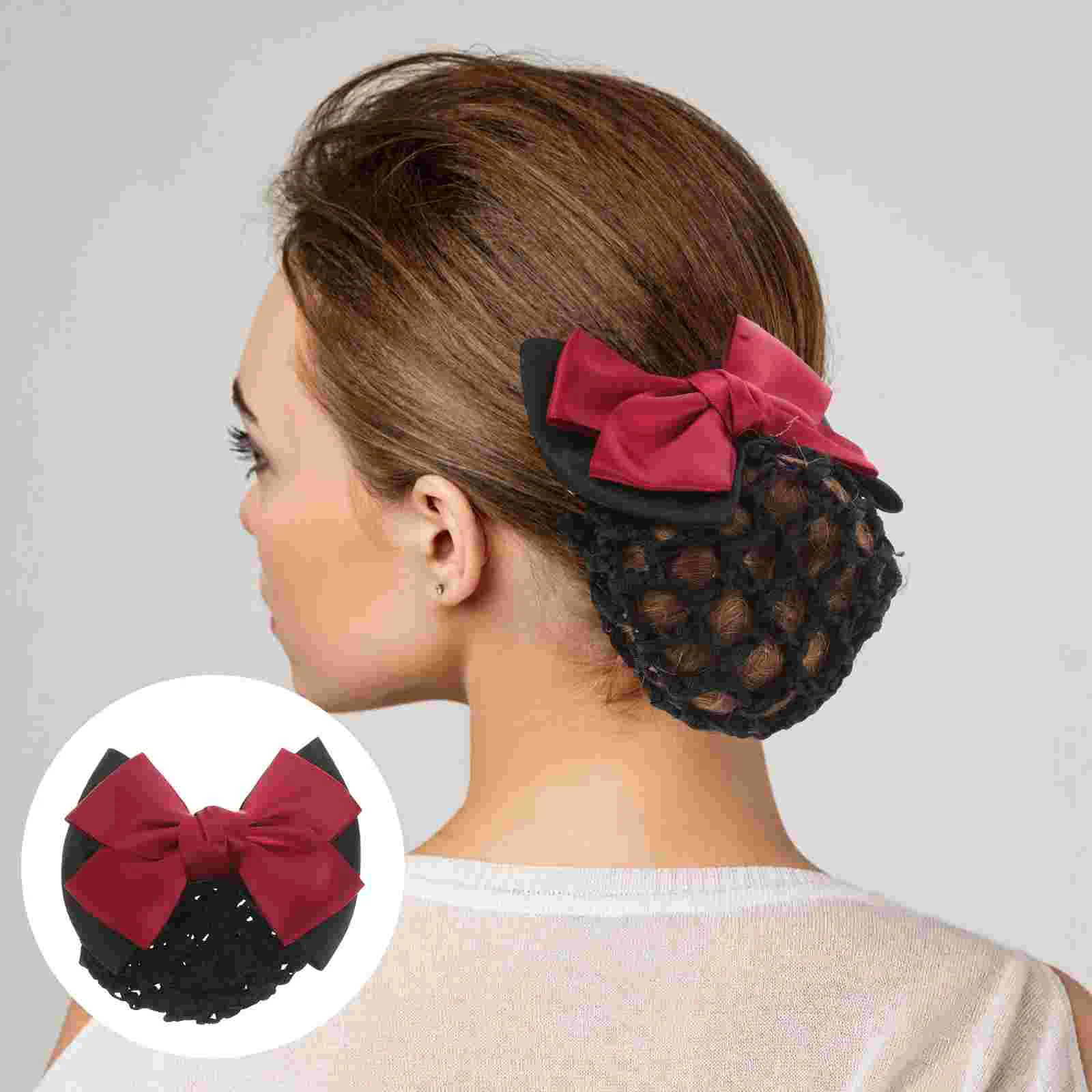 3 Pcs Flower Net Bag Hair Bun Bow Claw Clips Black Women Headdress Accessories Elegant Office Party Date Hair