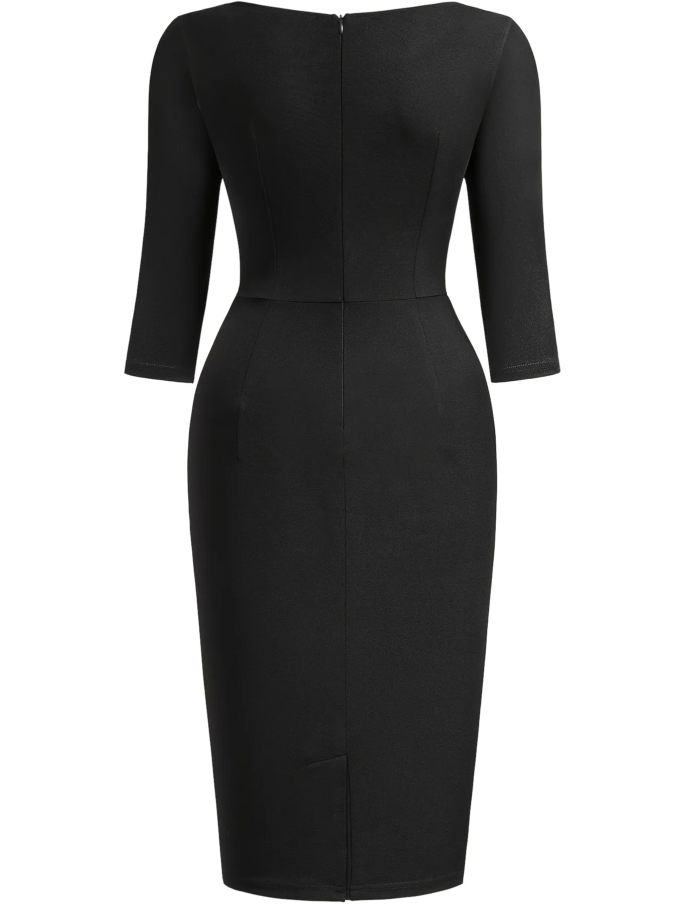 Womens Elegant Round Neck 2/3 Sleeve Work Office Knee Length Solid Business Casual Party Ruched Pencil Bodycon Sheath Dress