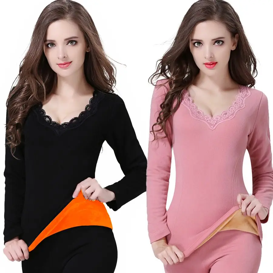 Women Winter New Thermal Underwear Sets Female Sexy V-neck Slim Tops and Pants Ladies Warm Long Johns 2 Piece Sets H649
