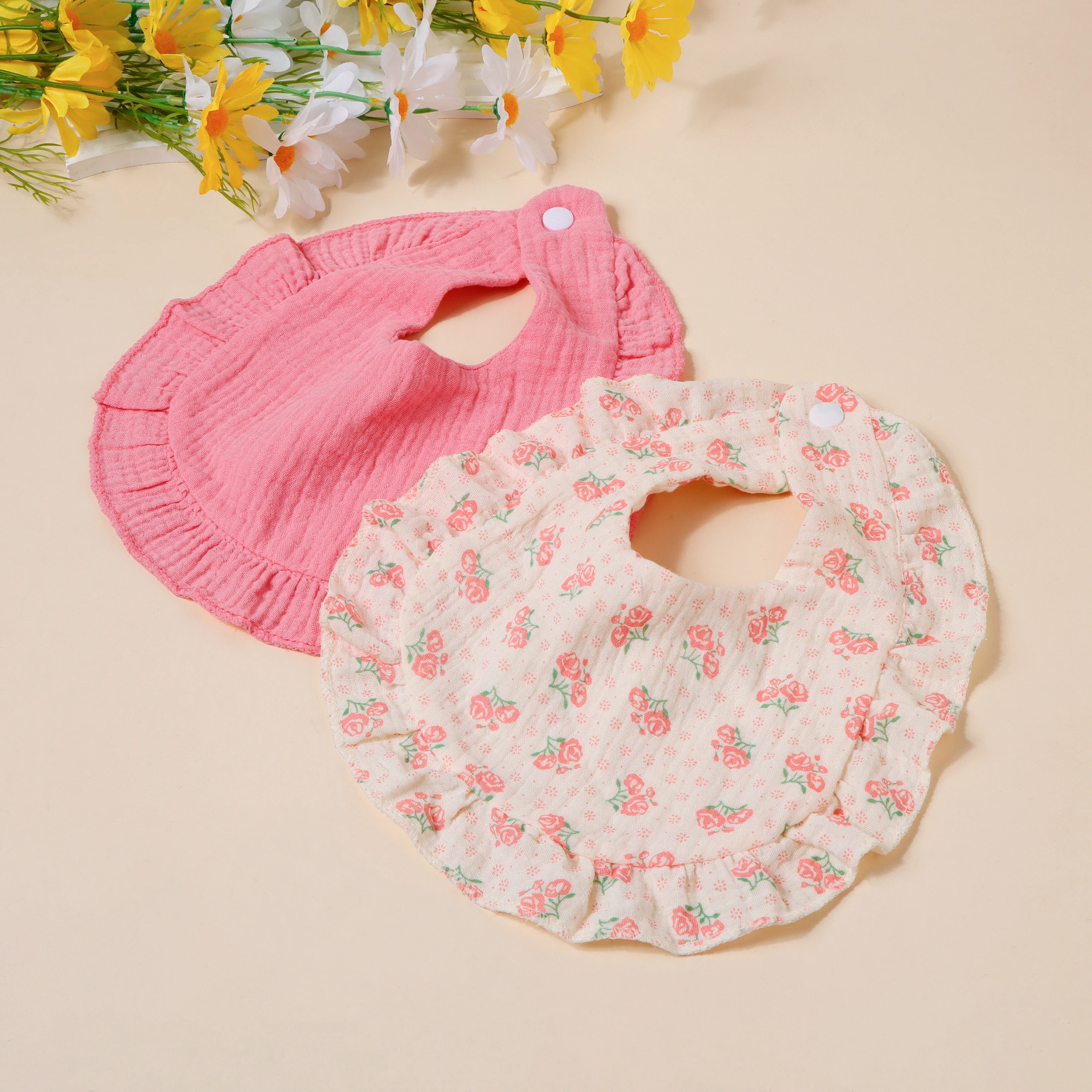 4개/세트 아동 턱받이 세트 면 모슬린 용  편안한 침받이 물방울 모양 타월 단색 버튼형 키즈 턱받이