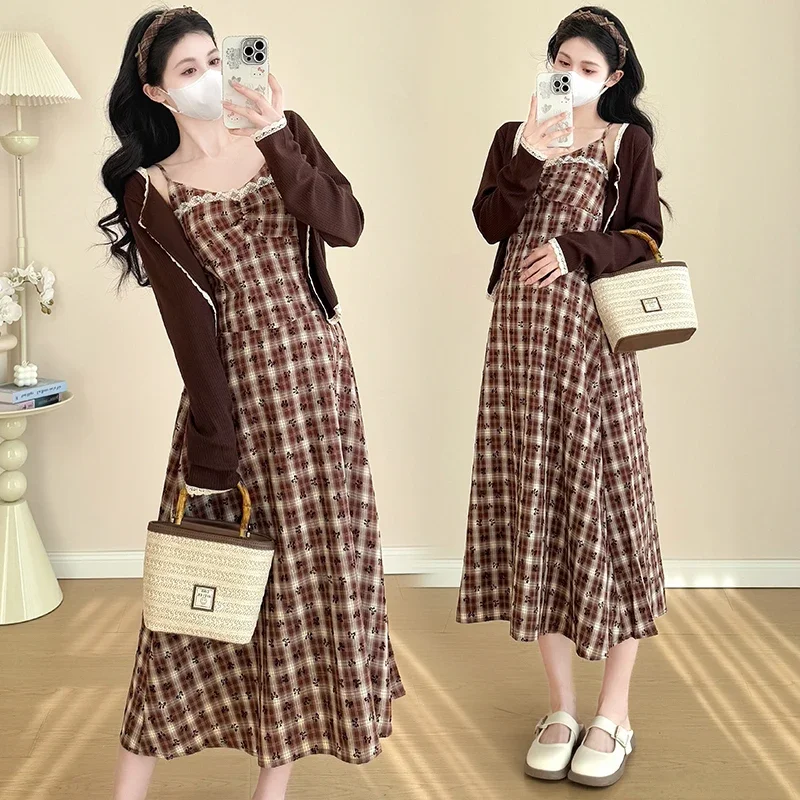 Spring Maternity Dress Suit Korean Style Long Sleeve Cardigans Strap Plaid Dress Twinset Fashion Pregnant Woman Clothes Set