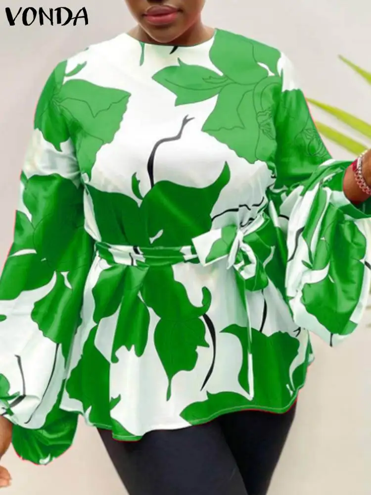 

VONDA Women Shirts Elegant Blouses Long Lantern Sleeve Bohemian Floral Printed 2024 Autumn Belted Casual Loose Tunic Tops Blusas