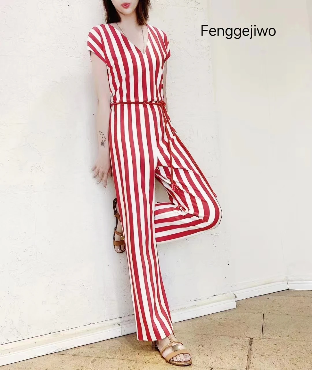 Fenggejiwo women's V-neck vertical stripe tie up jumpsuit