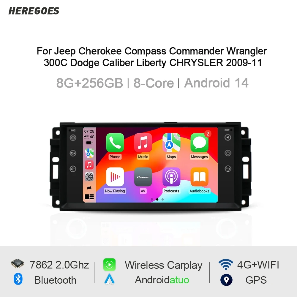 Autoradio Android 14 für Jeep Cherokee Compass Commander Wrangler Dodge Caliber Liberty Carplay Multimedia Player GPS Bluetooth