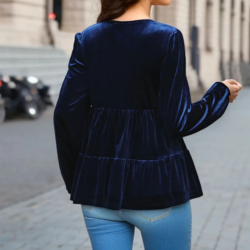 JFUNCY Women's Velvet Tops V-Neck Ruffled Long Sleeve Woman Blouses Dark Blue Women Pulovers 2024 Spring Female Clothing