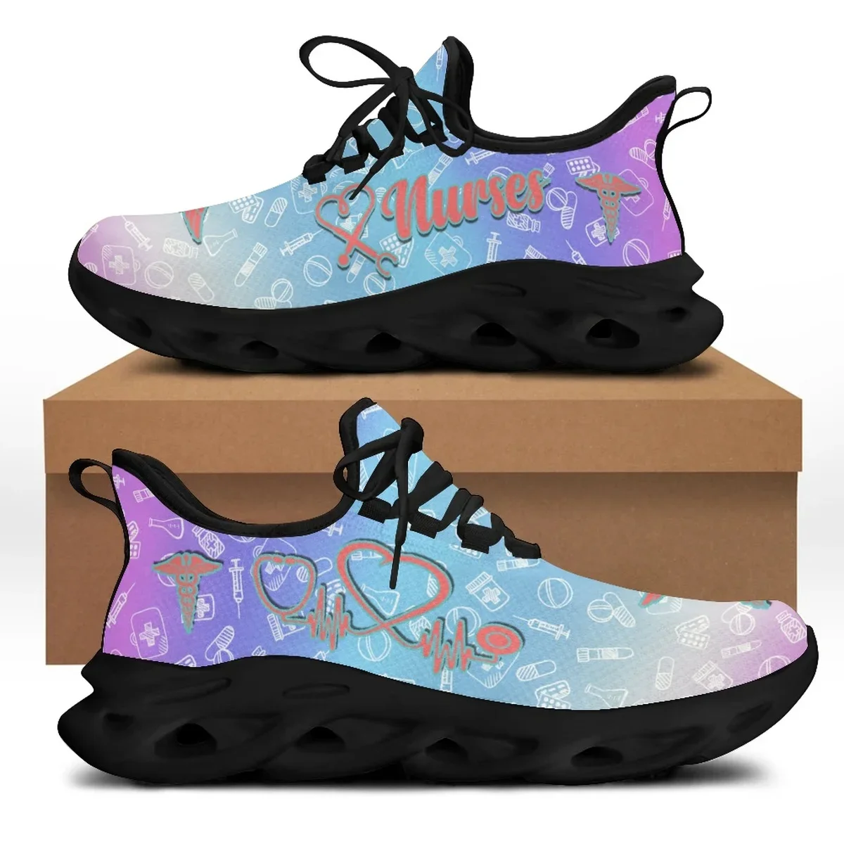 Pink Women Leisure Platform Shoes Cute Cartoon Nurse Pattern Lace Up Girls High Quality Mesh Shoes Zapator De Mujer