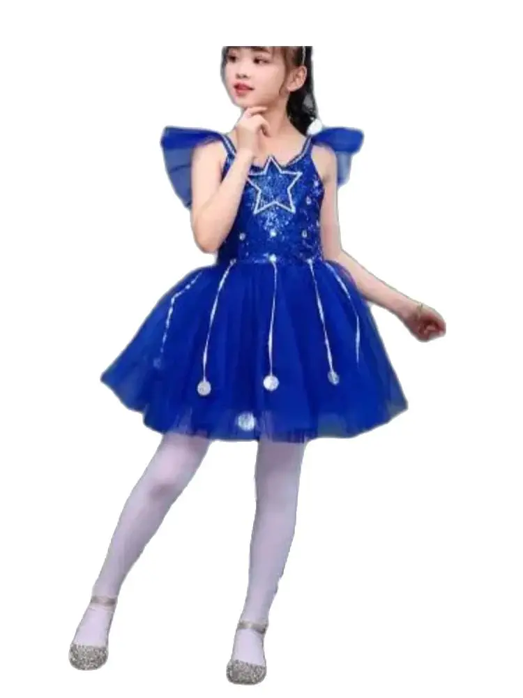 

1pcs/lot children blue star latin dress girl organza stage performance dancing star modern dress