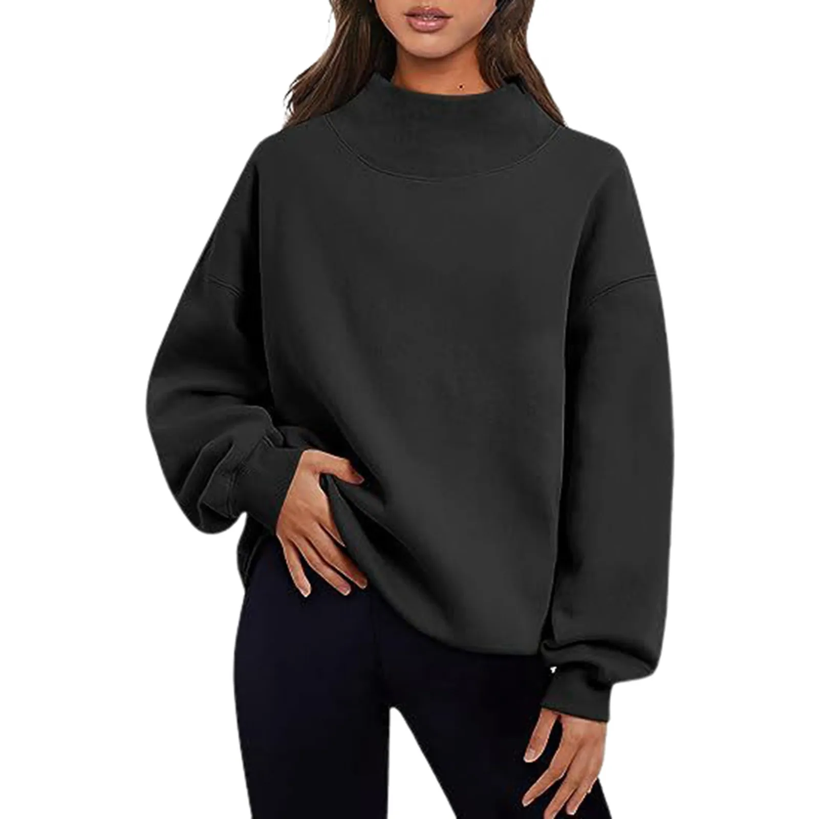 thumbnail image 1 of Sudadera holgada informal de cuello alto medio para mujer, sudadera de polar ancha dividida, de color sólido, básica, lisa y versátil, 2024, 1 of 4