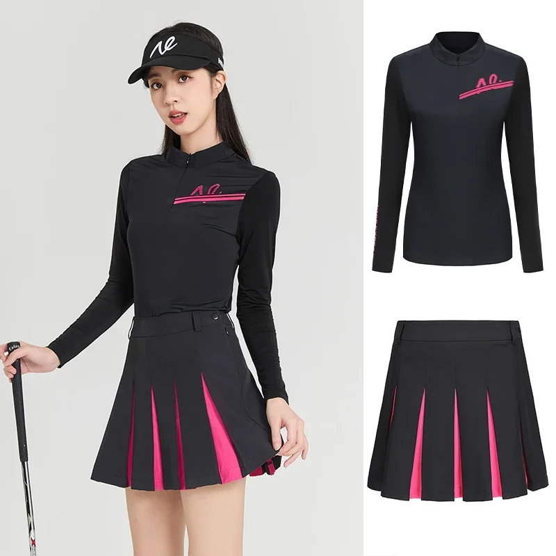 

Women's Summer and Autumn Golf Apparel Top Ice Silk Long Sleeve Top Clothing Breathable Quick Drying Sports Pleated Skirt Set