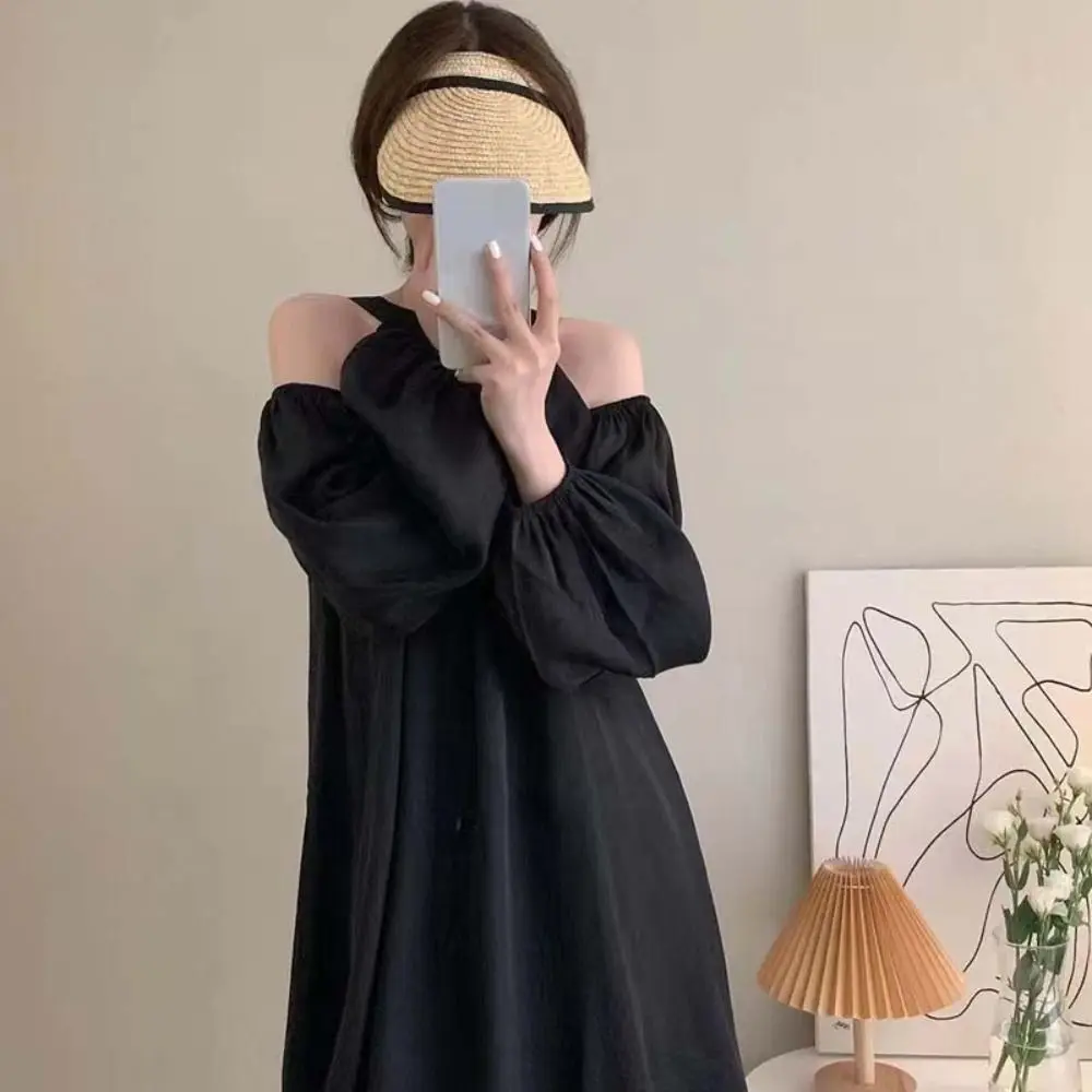 Fashion Lantern Sleeve Off Shoulder Halter Dress Thin Korean Style Halter Mini Dress Elegant Beachwear A-line Short Skirt Party