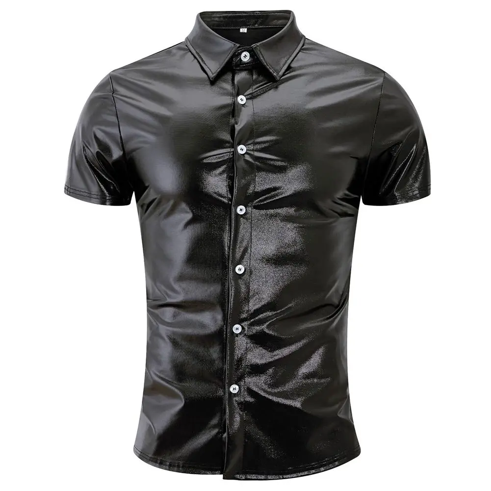

Nightclub Men Tops Male Party Regular Short Sleeved Solid Color Bright Shirt Button-up Lapel Daily Comfortable