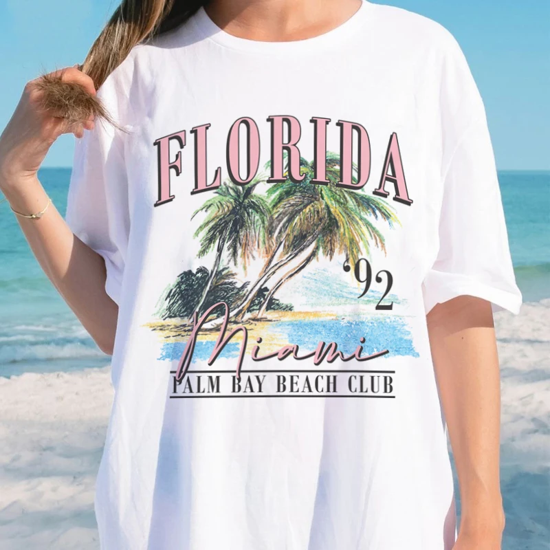 

Women Florida Palm Beach Graphic T-Shirts 90s Vintage Tropical Vacation Tee Shirt Summer Loose Travel Tshirt Female Retro Tops