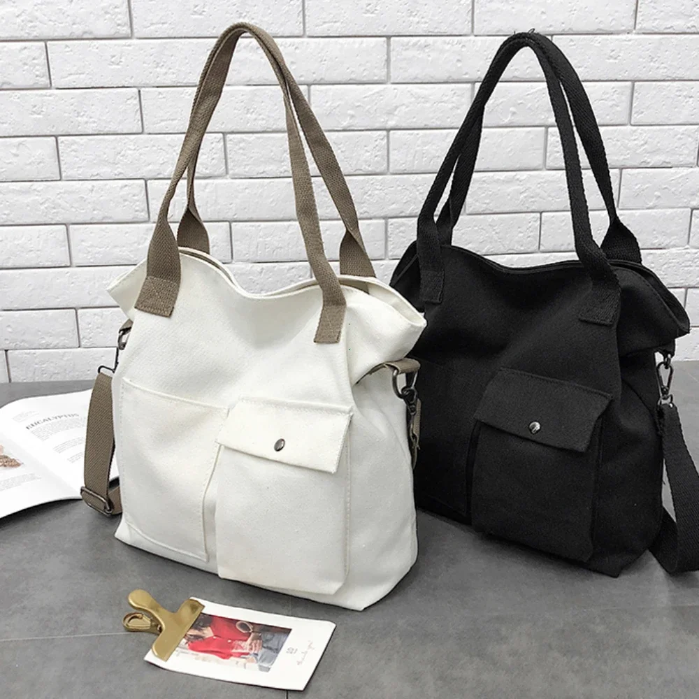 Fashion Canvas Bags Students Handbag Shoulder Bag Large Capacity Solid Color Totes Shopper Bag Casual Female CrossBody 2025 - 2