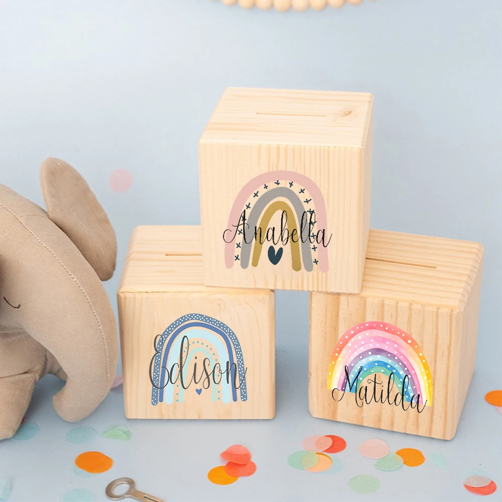 Wooden Money Box Personalized Rainbow with Name Child Coin Bank Coin Collection Case Birthday Holiday Gift for Kids