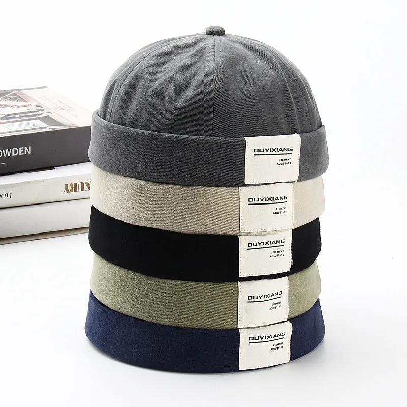 

Men's Brimless Docker Hat Casual Cotton Solid Patch Beanie Cap Rolled Cuff Harbour Hats Sailor Fisherman Landlord Hat Q1206