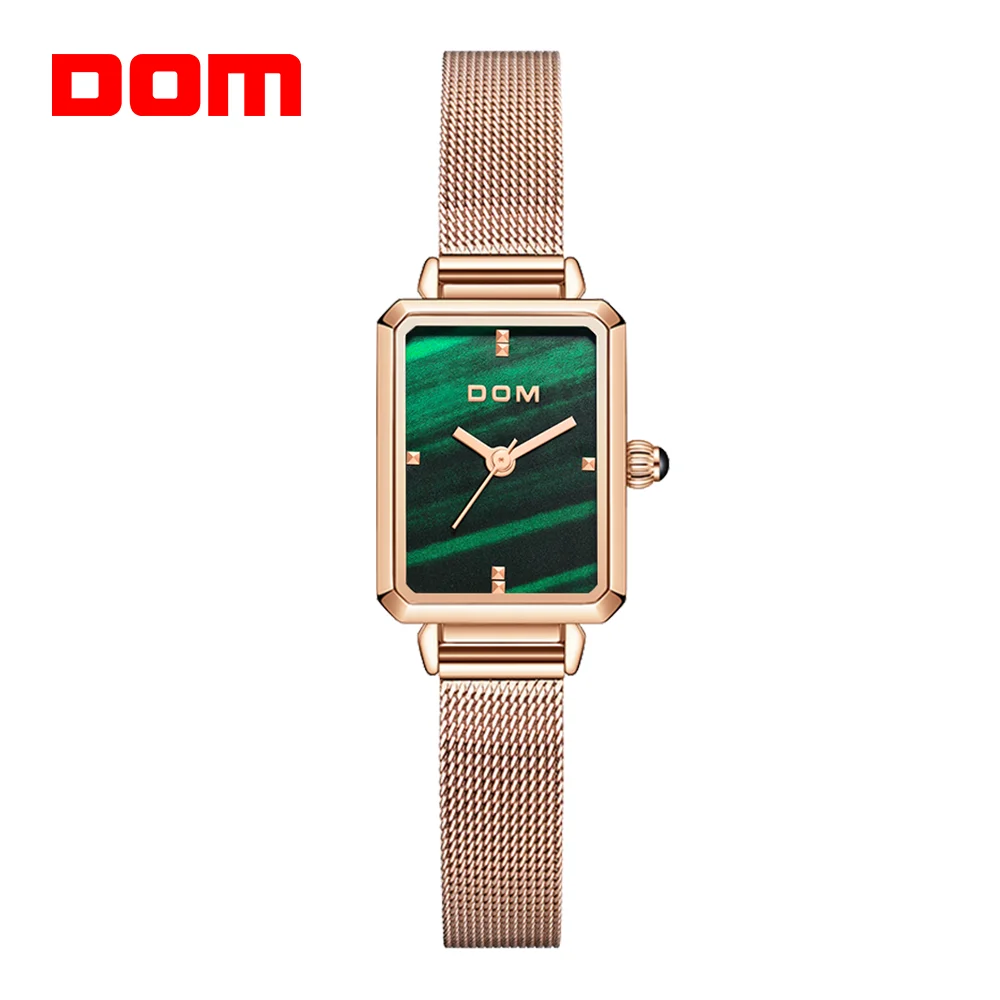 DOM New Ladies Watch Square green dial Fashion Luxury Trend Casual Waterproof Swimming Steel Belt Leather Women's Watch G-1337