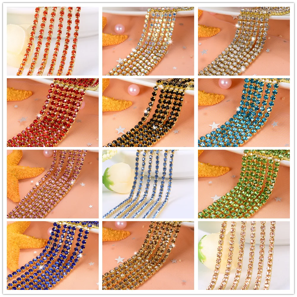 

1Meter 2mm-4mm Crystal Rhinestone DIY Cup Chain Dense Gold bottom цепочка sewing Rhinestones for clothing Art Decoration