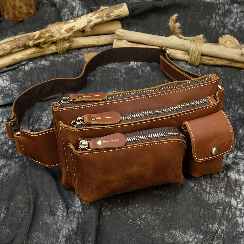 Leather Waist Bag Outdoor Men Fanny Pack with 3 Zipper