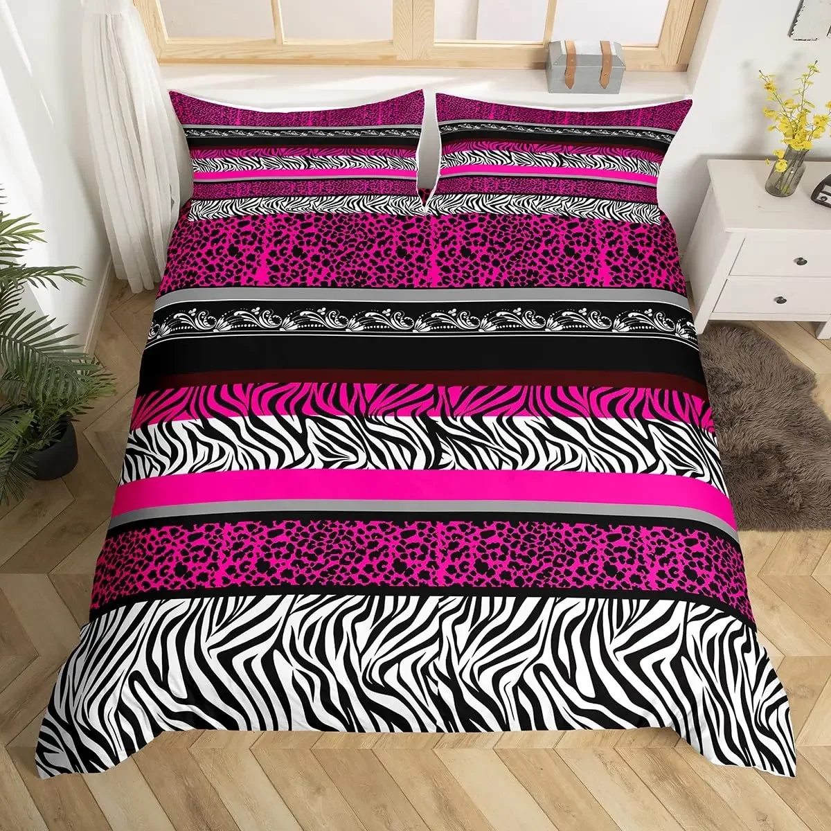 Zebra Stripes Duvet Cover Set Red Glitter Lips Comforter Cover for Girls Women Black White Leopard Zebra Print Queen Bedding Set