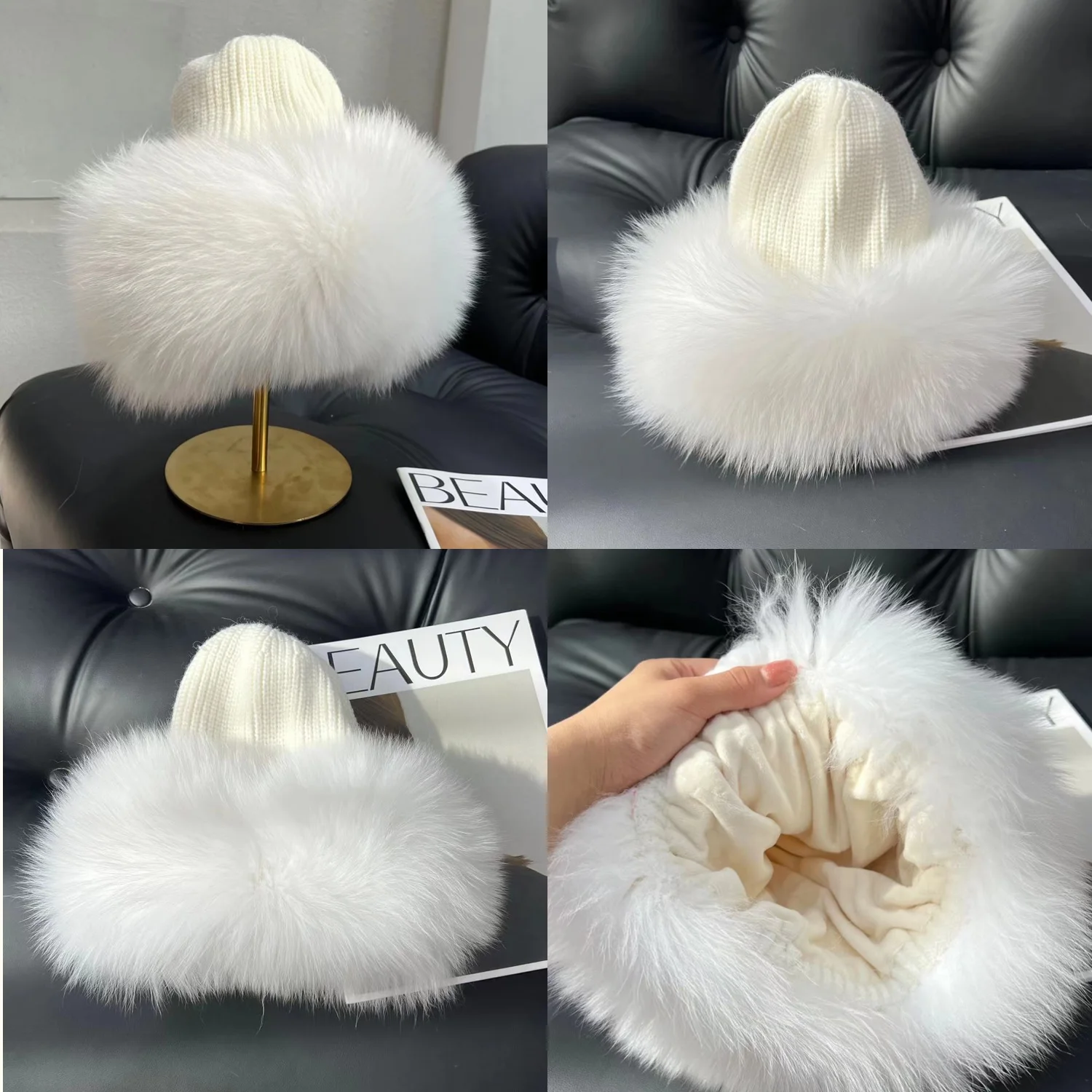 Women Real Fur Hat Winter Natural Fox Fur Beanie Lady Luxury Knitting Fox Bucket Hat Bonnets