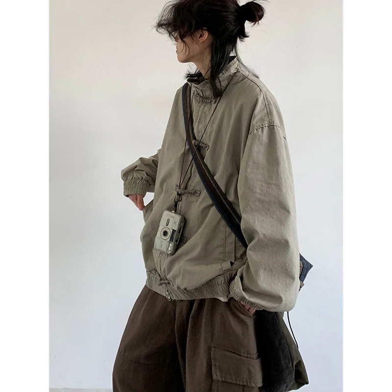 Stand-up Collar Jacket Men Women Chinese Retro Solid Color Loose Coat Autumn Casual Loose Simple Jacket Unisex Streetwear 2024 3