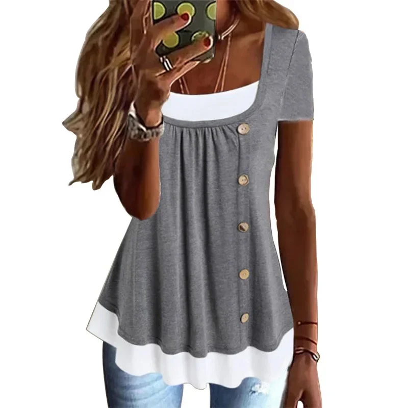 

Round collar loose pleated button fake two-piece short-sleeved t-shirt black