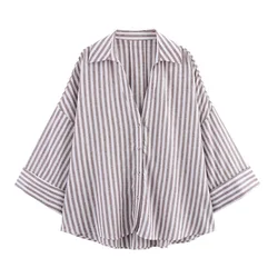 Women's Striped White Loose Casual Button - Up Blouse with Wide Sleeves - XS (Striped 2)