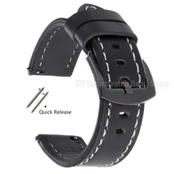 Premium Leather Smartwatch Band with Universal Quick Release Clasp - 22mm (BlackWhite - Black)