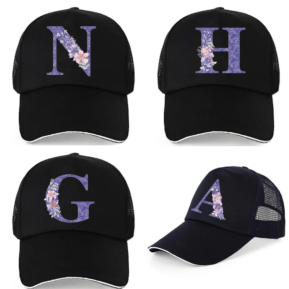

Unisex Pure Cotton Mesh Baseball Caps Summer UV-proof Visors Hats Casual Adjustable Back Buckle Hat Purple Flower Print Dad Cap