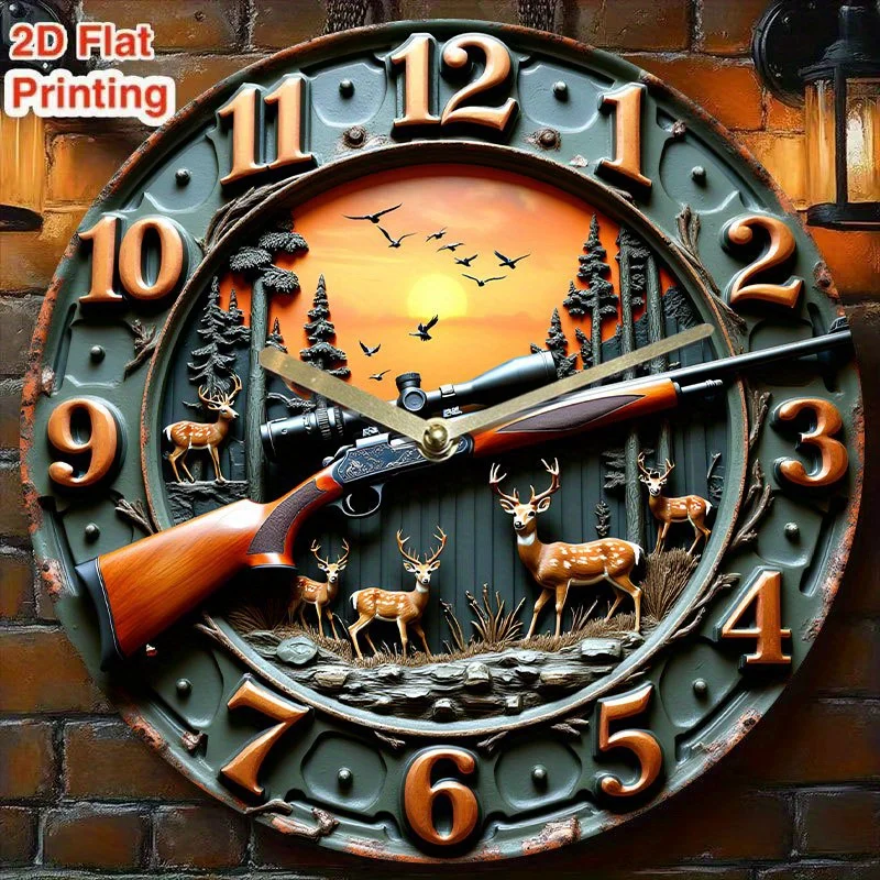 Horloge murale de cabine rustique d'inspiration Winchester-mouvement à quartz silencieux sans tic-tac, décor de chasse vintage avec fusil, alce, Dee