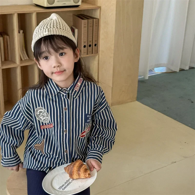 4034 Children Shirt Autumn Korean Embroidered Boy's Shirts Coat Cartoon 1-7Year Girl's Blouse Tops