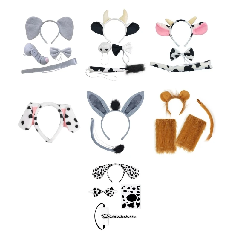 

Elephant/Cow/Dog/Lion/Donkey-Costumes Set Ears Headband Tail Bow Nose Gloves for Kid Halloween Christmas Animal Cosplay