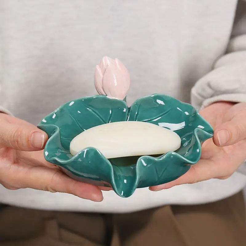 Ceramic Soap Dish, Home Bathroom Supplies, Creative Light Luxury, Cute lotus leaf shape Soap Box No Punching Draining Water, 1Pc