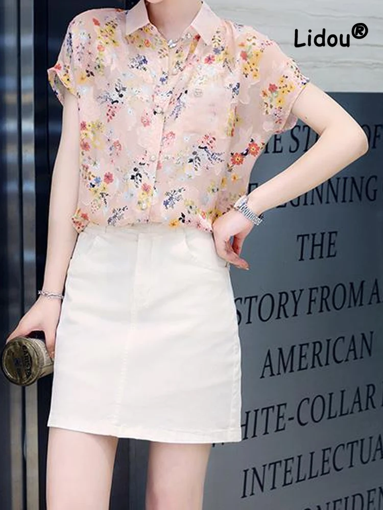 Simple Short Sleeve Single-breasted Pockets Top Women's Clothing Summer New Slim Printing Pattern Polo Collar Chiffon Shirt