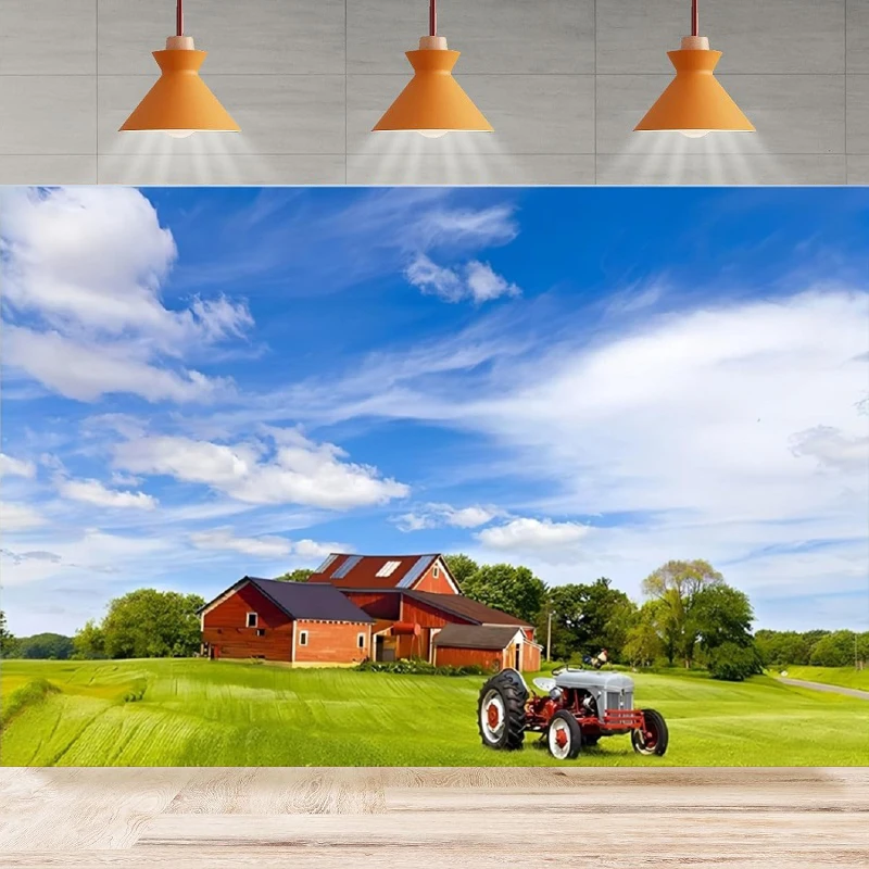Fotografia Sfondo Sunny Country Hills Agricoltura Verde Terreno Agricolo Camion Agricoltura Red Barn Tractor Party Fondale Wall Banner