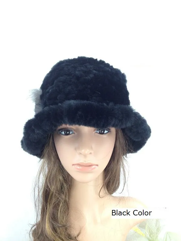 Neue Design Natürliche Rex Kaninchen Pelz Hut Frauen Luxus Handgemachte Gestrickte Mode Weiche Eimer Hüte mit Floral Winter Kopfbedeckungen – Detail 3