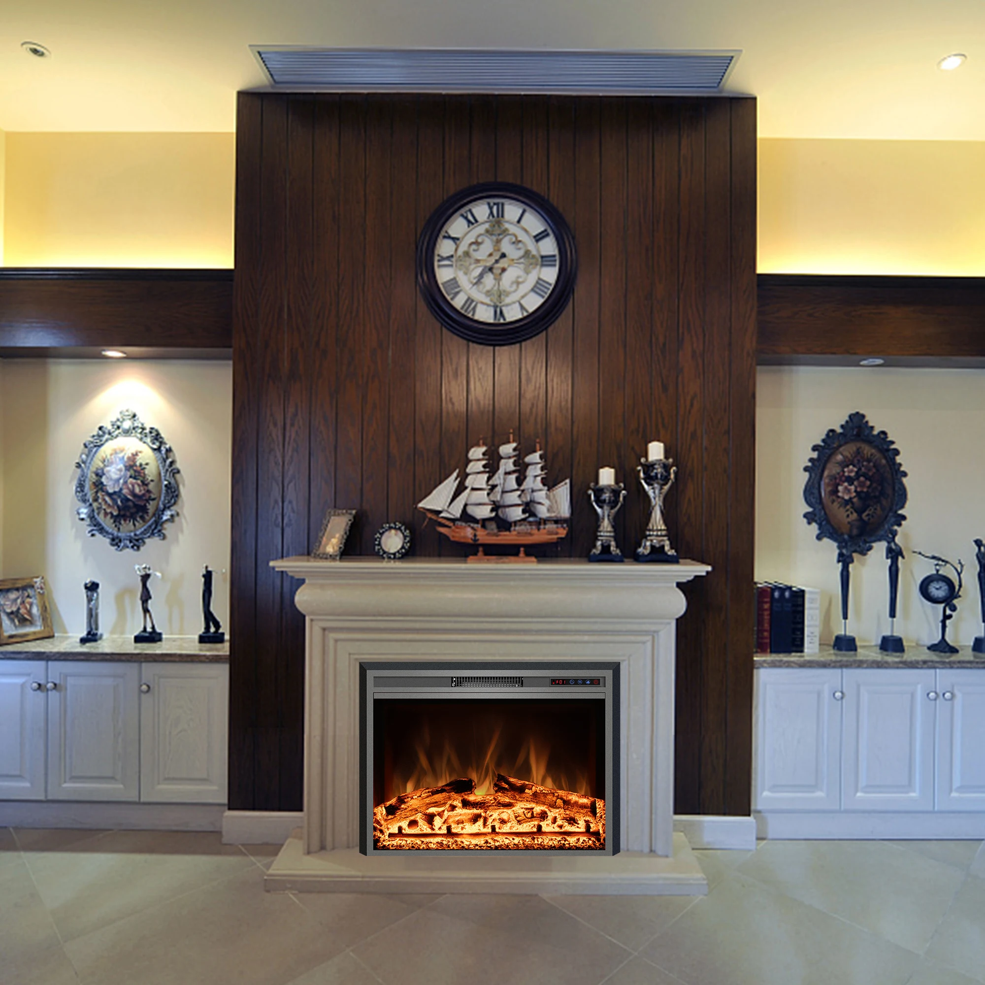 23 "ขายส่งเตาผิงไฟฟ้าตกแต่งแทรกเครื่องทําความร้อนเตาผิงไฟฟ้าแบบฝังพร้อมรีโมทคอนโทรลสีเปลวไฟ 3 สี 1