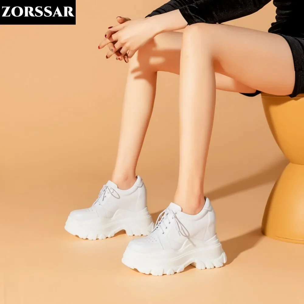 

2024 Spring Thick Sole Casual Dad Shoes Breathable Leather Chunky Sneakers Lace-up 12CM High Platform Sports Shoes Zapatos Mujer