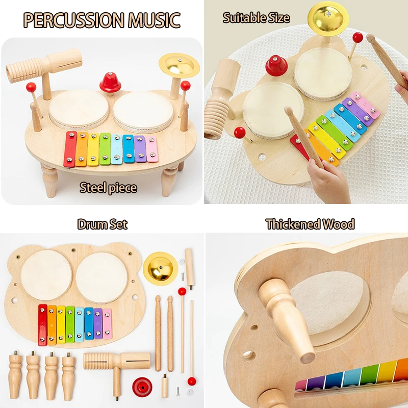 Wooden Baby Drum Set Musical Instrument Percussion Toys 8-tone Xylophone Piano Parish Learning Preschool Rhythm Educational Toy 2