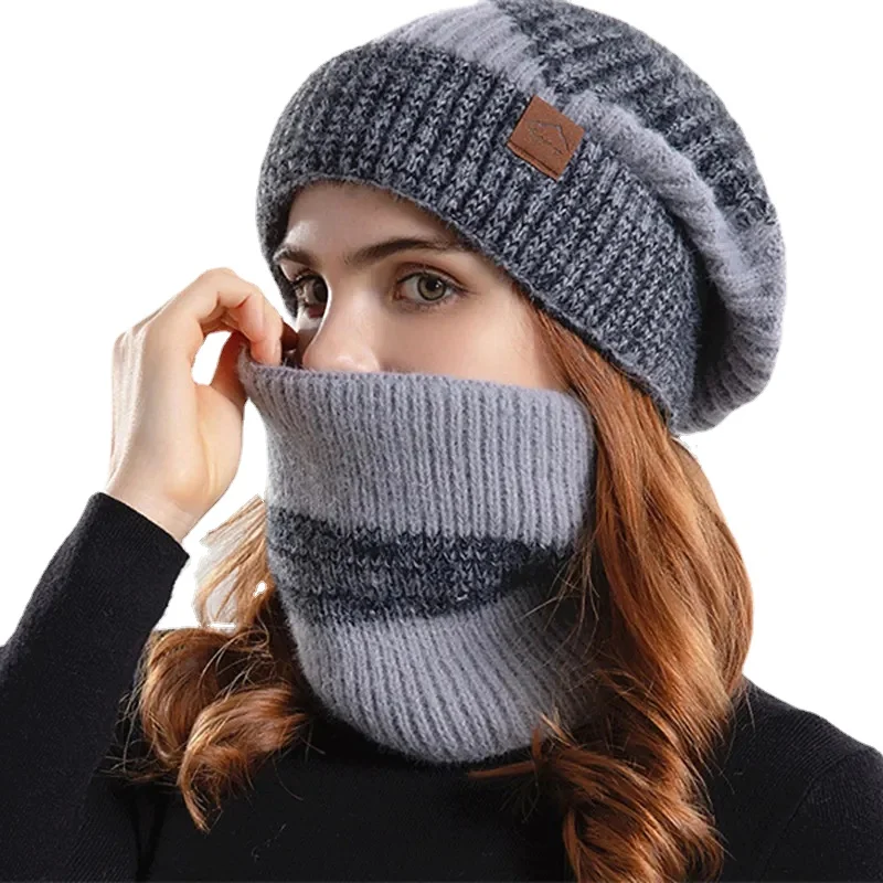 

Women Beanies Snood Sets Two Colors Knitted Hat Female Winter Outdoor Windproof Thicken Soft Warm Scarf Beannie Hat For Women