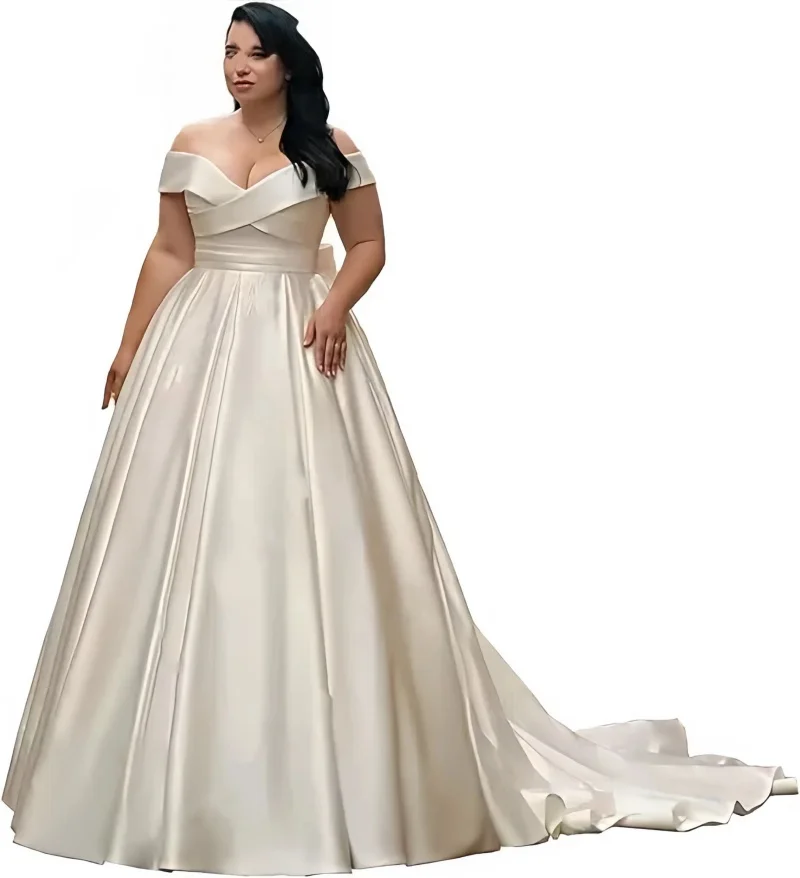 Satin V Neck Plus Size Wedding Dresses Off The Shoulder Lace Up Back Big Bow Pleated Bridal Gown with Pockets and Court Train 5