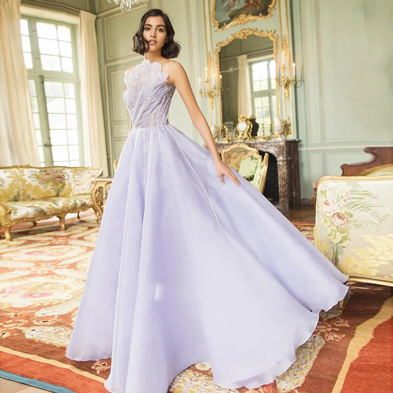 

Women Luxury Dubai Beaded Lace Up Sequined Floor Length Elegant Tulle Scalloped Neckline 2023 Prom Dress vestidos para mujer