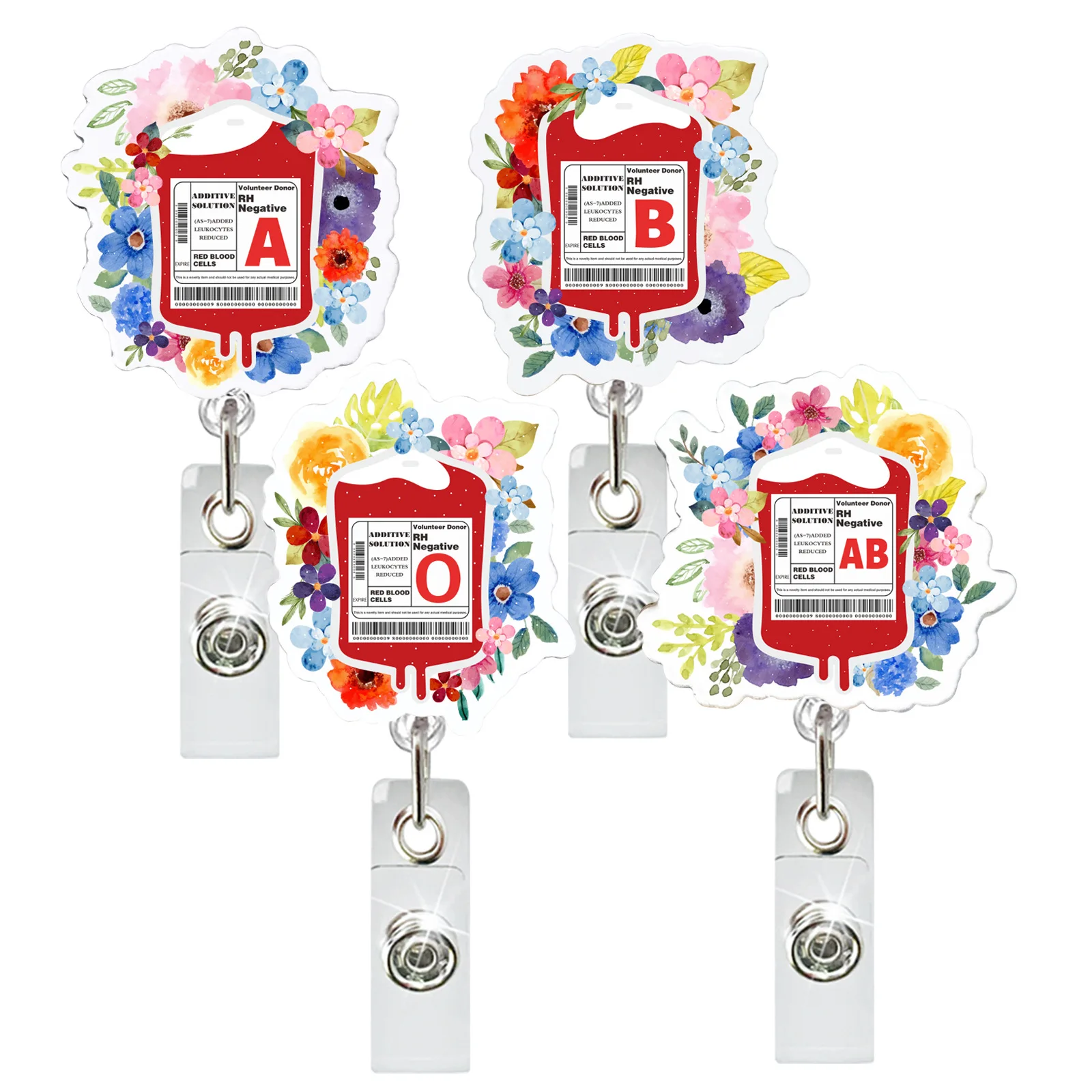 

New 1Pc Glitter Flower Blood Type Bag Retractable Badge Reel Clips For Nurse Doctor Hospital Medical Workers Acrylic Card Holder