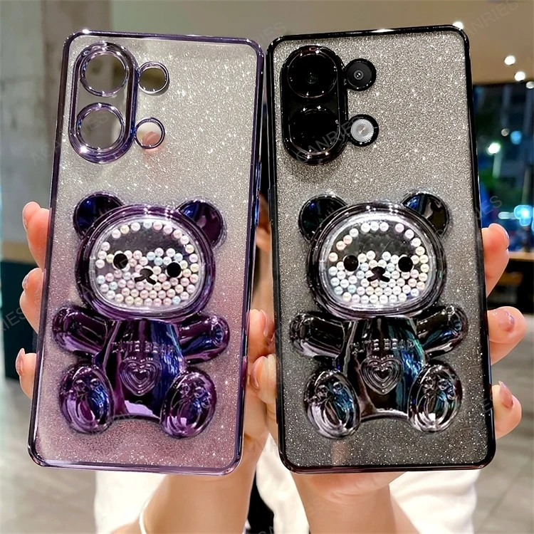 Étui en silicone plaqué avec support d'ours mignon pour Xiaomi Redmi Note 13 Pro 13pro Note13 4g 5g support couverture Mi Poco X6 M6 Pro Pocox6_voghion.com